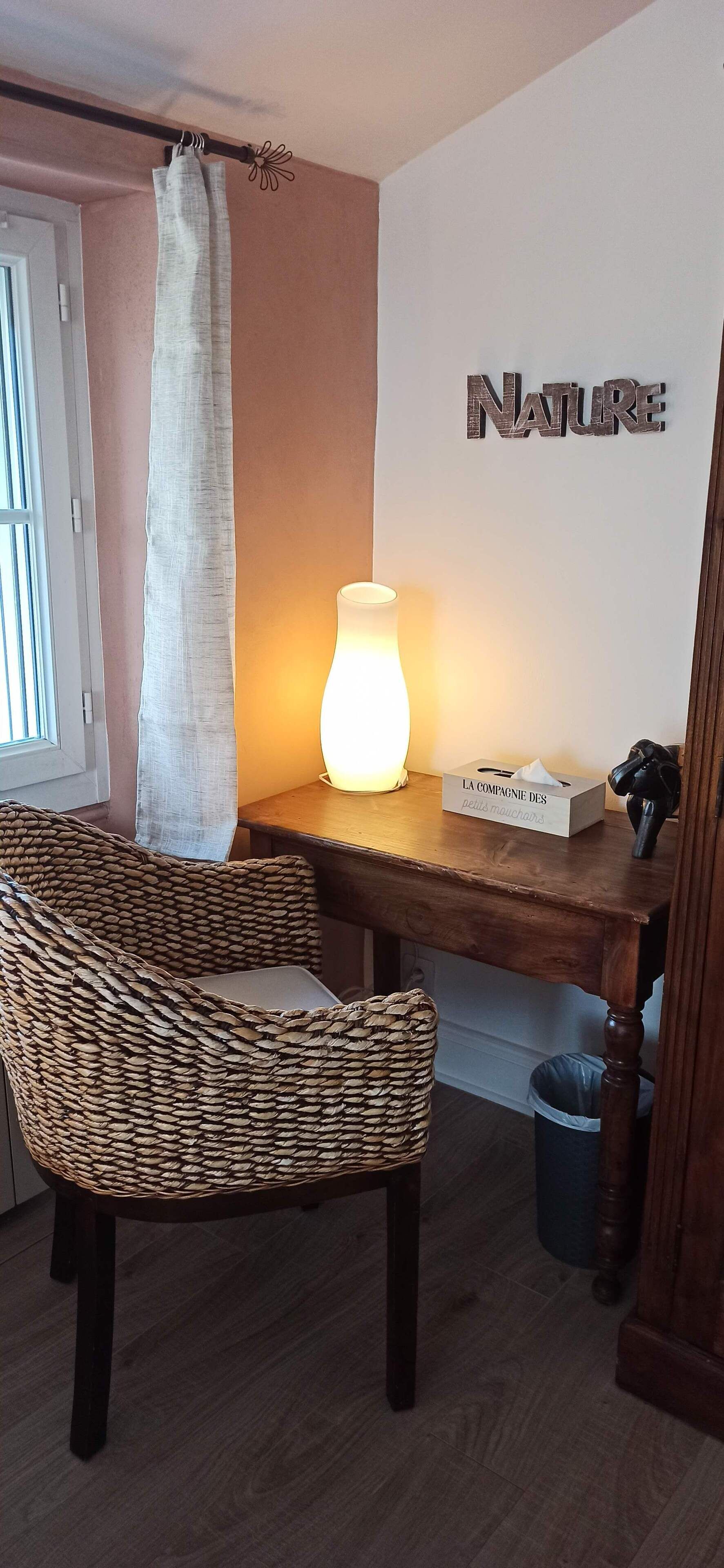 Une pièce avec un fauteuil en osier, une table avec une lampe, une poubelle et un mur sur lequel est écrit le mot « NATURE ».