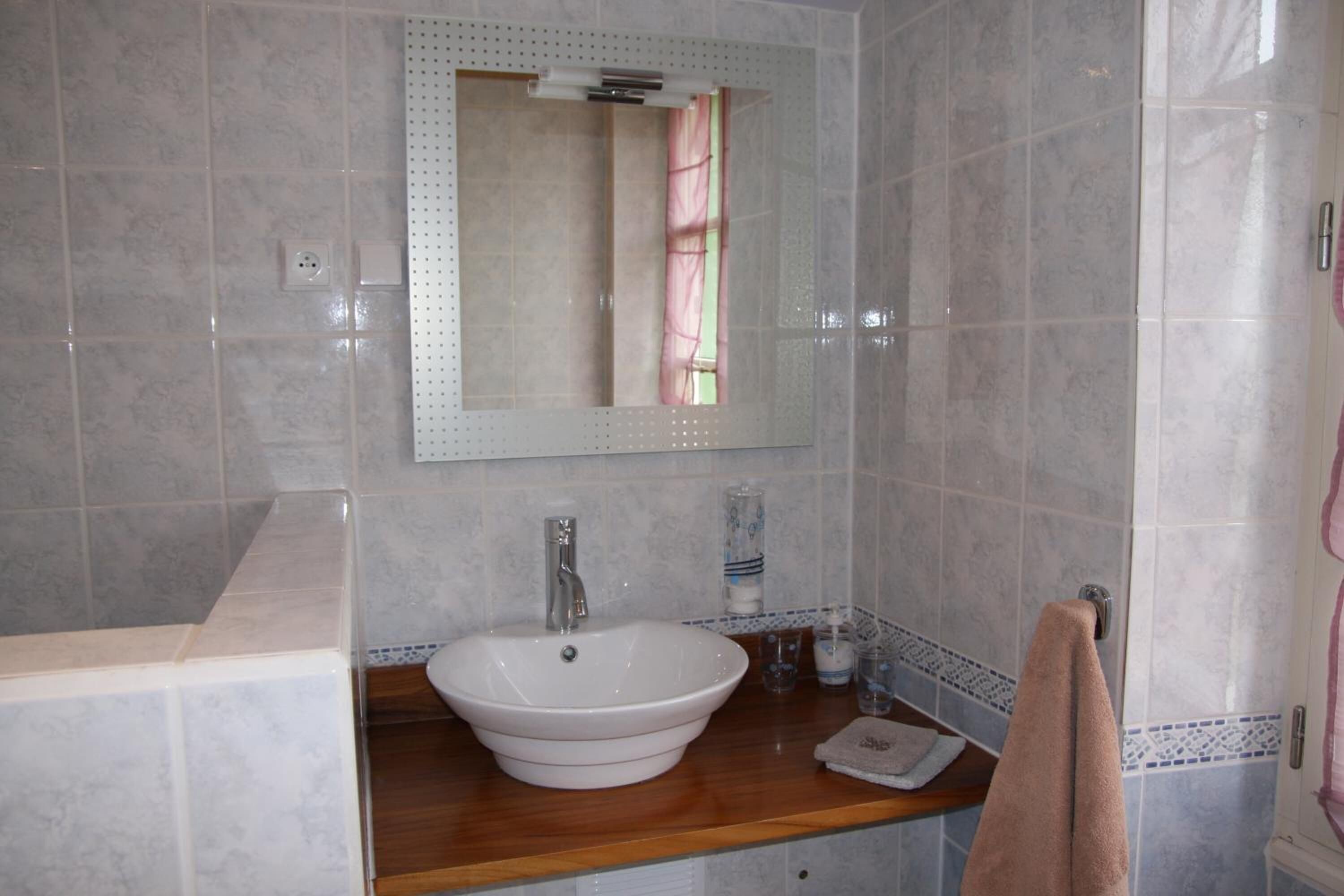 A bathroom with a white sink, mirror, and wooden countertop.