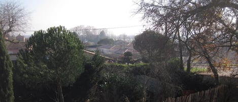 A residential area with houses, a wooden fence, and trees.