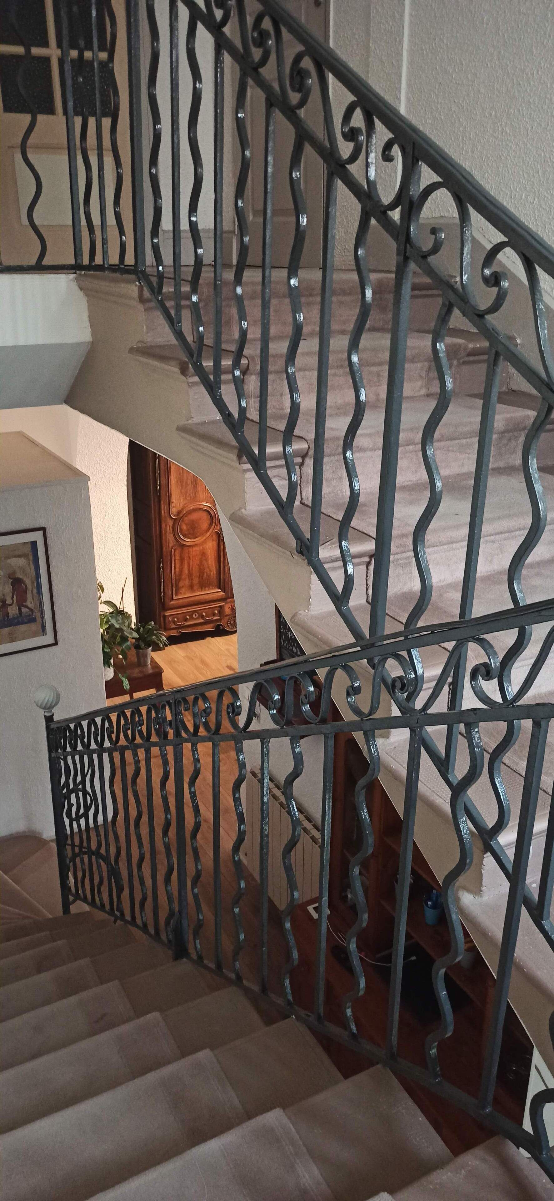 A staircase with ornate metal railings and a wooden handrail.