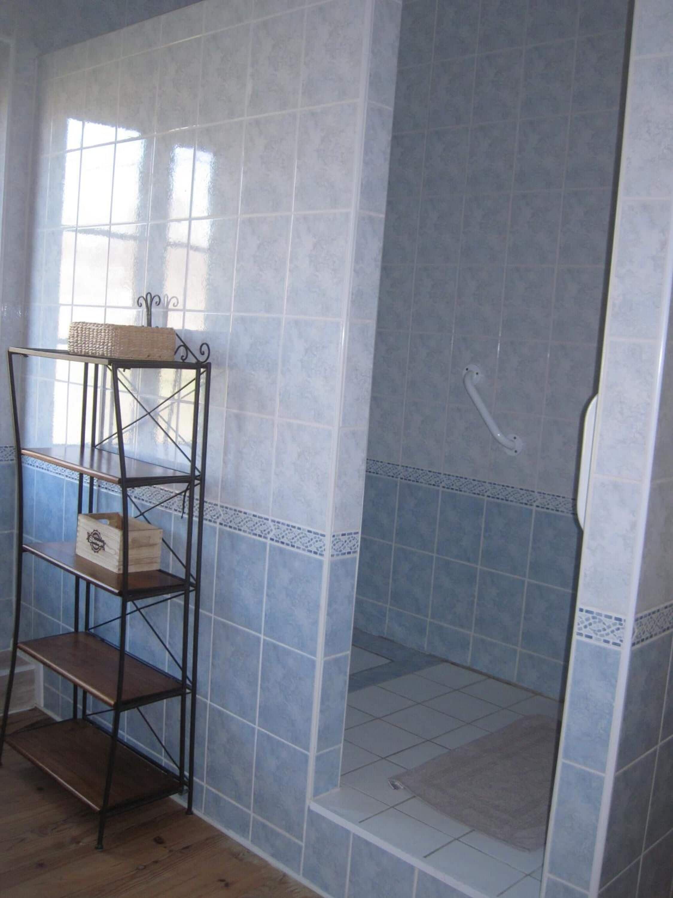 A bathroom with blue tiles, a metal shelf with items, and a shower area.