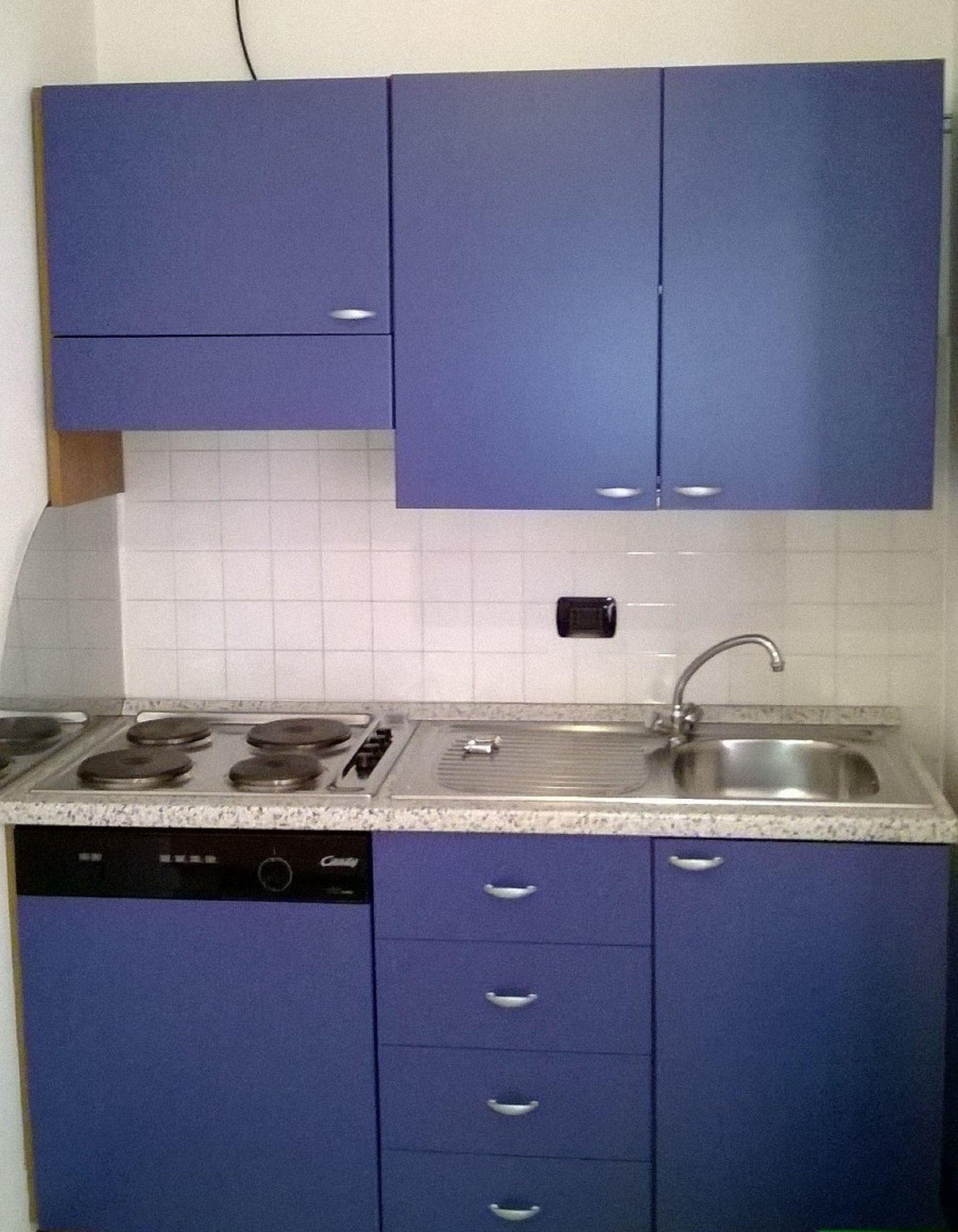 Una cocina con armarios azules, un lavamanos de acero inoxidable y un lavavajillas.