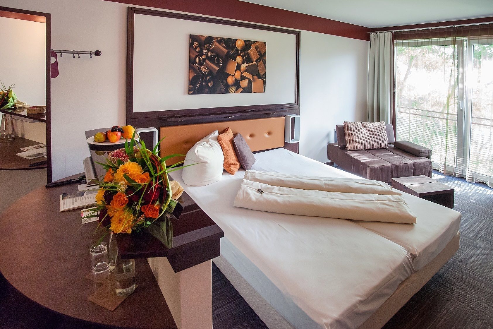 hypo-allergenic bedding, desk, blackout curtains, iron/ironing board