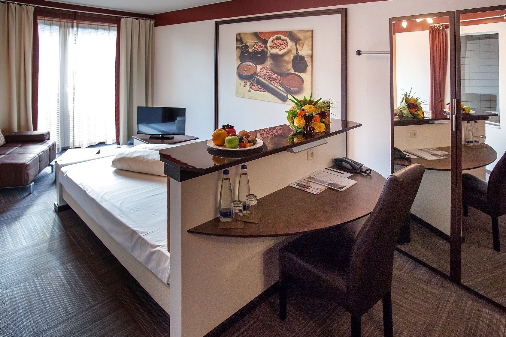 hypo-allergenic bedding, desk, blackout curtains, iron/ironing board