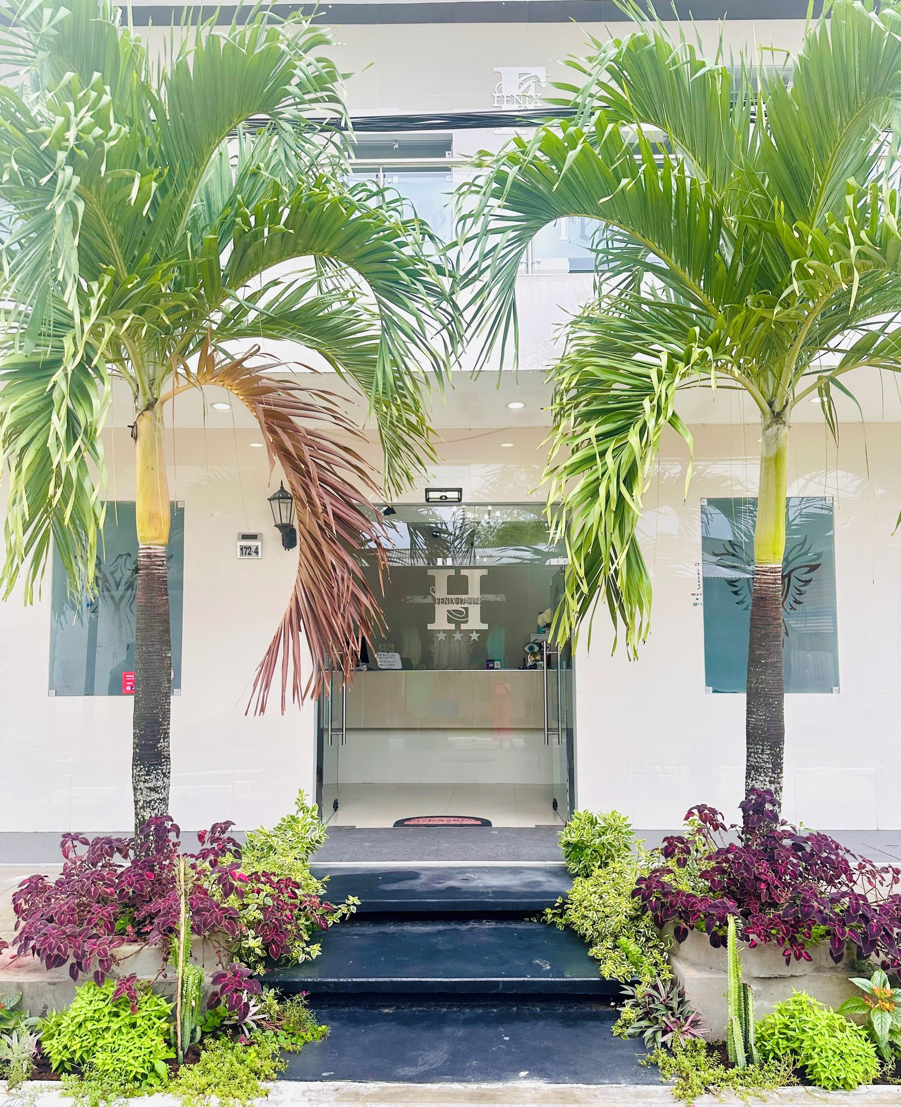 A hotel entrance with a glass door, palm trees, and a variety of plants.