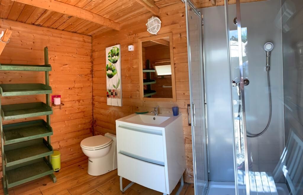 A wooden cabin bathroom with a toilet, sink, and shower.