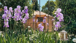 A wooden structure with a small window, surrounded by tall purple flowers and greenery. - Mas Escombelle Chambre d'Hôte (Barjac)