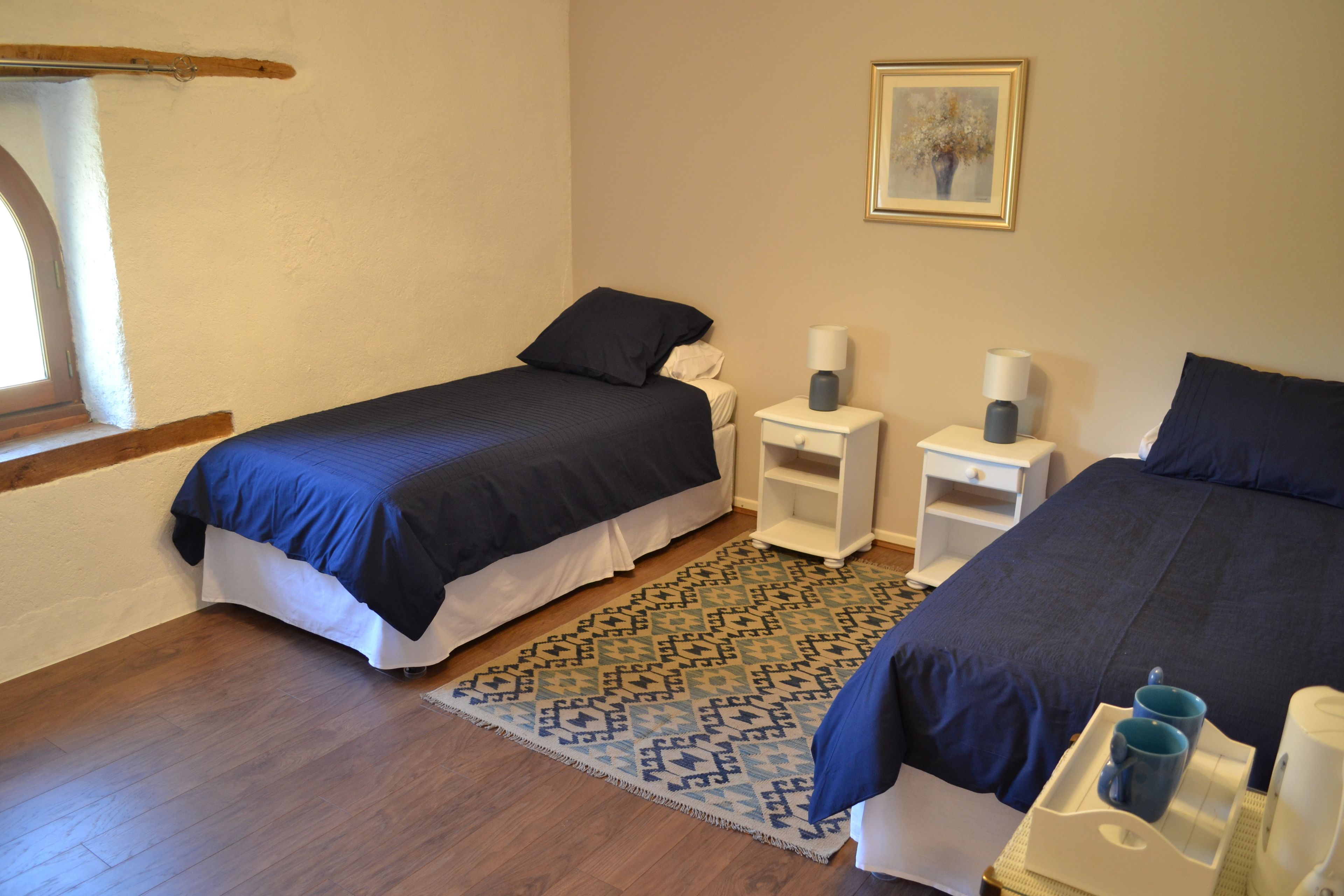 A bedroom with two beds, a patterned rug, bedside tables with lamps, and a framed picture on the wall.