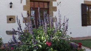 Een bloembed met lavendel en rode bloemen voor een wit gebouw met een boogvenster van baksteen en een deur.