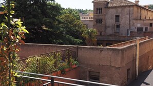 A balcony with a view of a building with a tiled roof and a cross on top, surrounded by greenery and potted plants. - Bed and Breakfast New Morning (Rome)