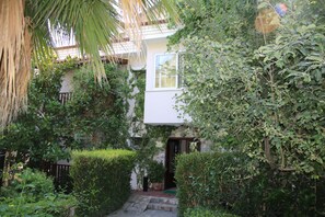 A white building with a window and a door, surrounded by dense greenery and a palm tree. - Hotel Dalos (Fethiye)