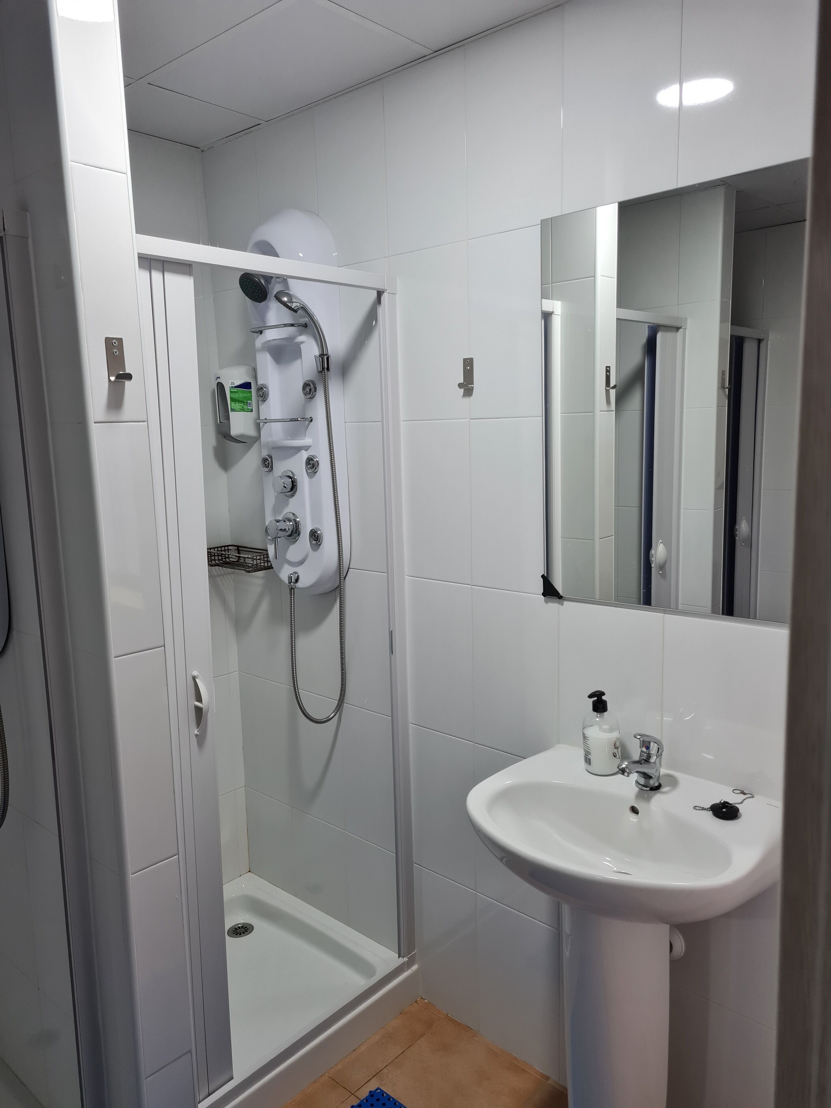 Un baño con ducha, lavamanos y espejo.