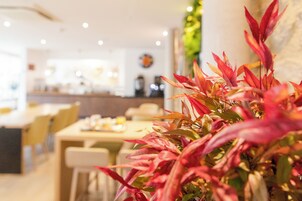 Interior de un restaurante con comedor, mesas, sillas y una planta decorativa al frente.