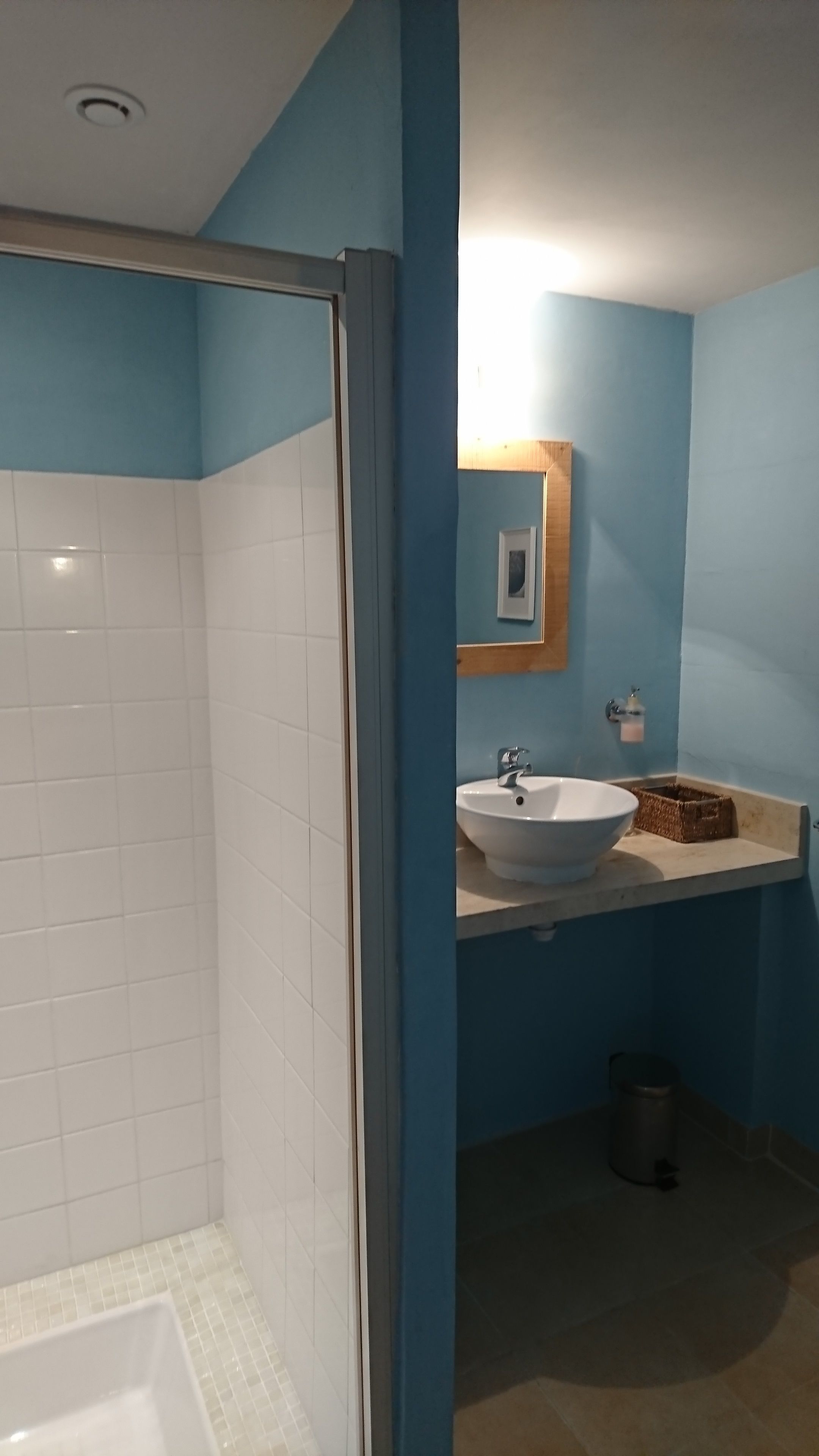A bathroom with a shower, a sink, and a mirror.