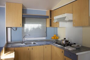 Familie bungalow | Privékeuken | Een koelkast met diepvriezer, een microgolfoven, een kookplaat