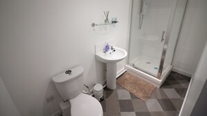 Une salle de bain équipée de toilettes, d’un lavabo et d  ’une douche à parois de verre.