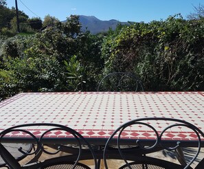 A table with a patterned tablecloth, surrounded by metal chairs, set against a backdrop of dense foliage and a mountain. - Maison Amets (Sare)