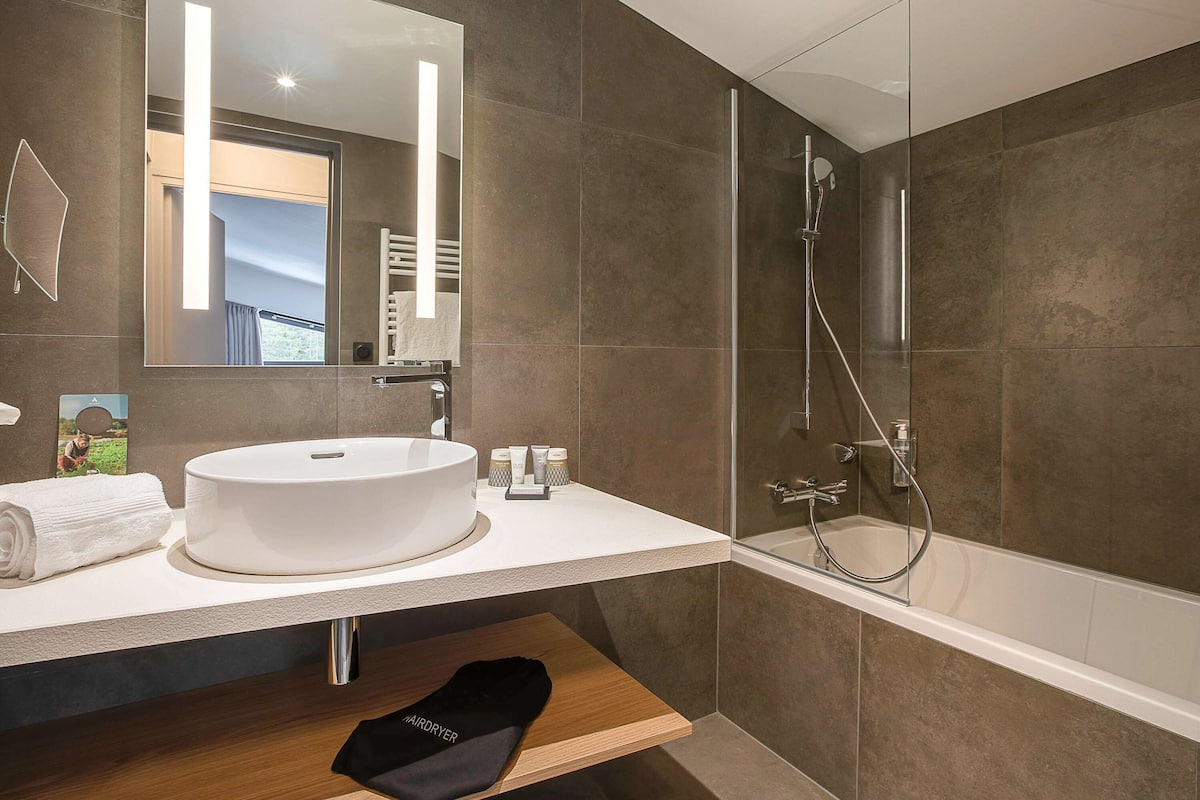 free toiletries, hair dryer, slippers, towels