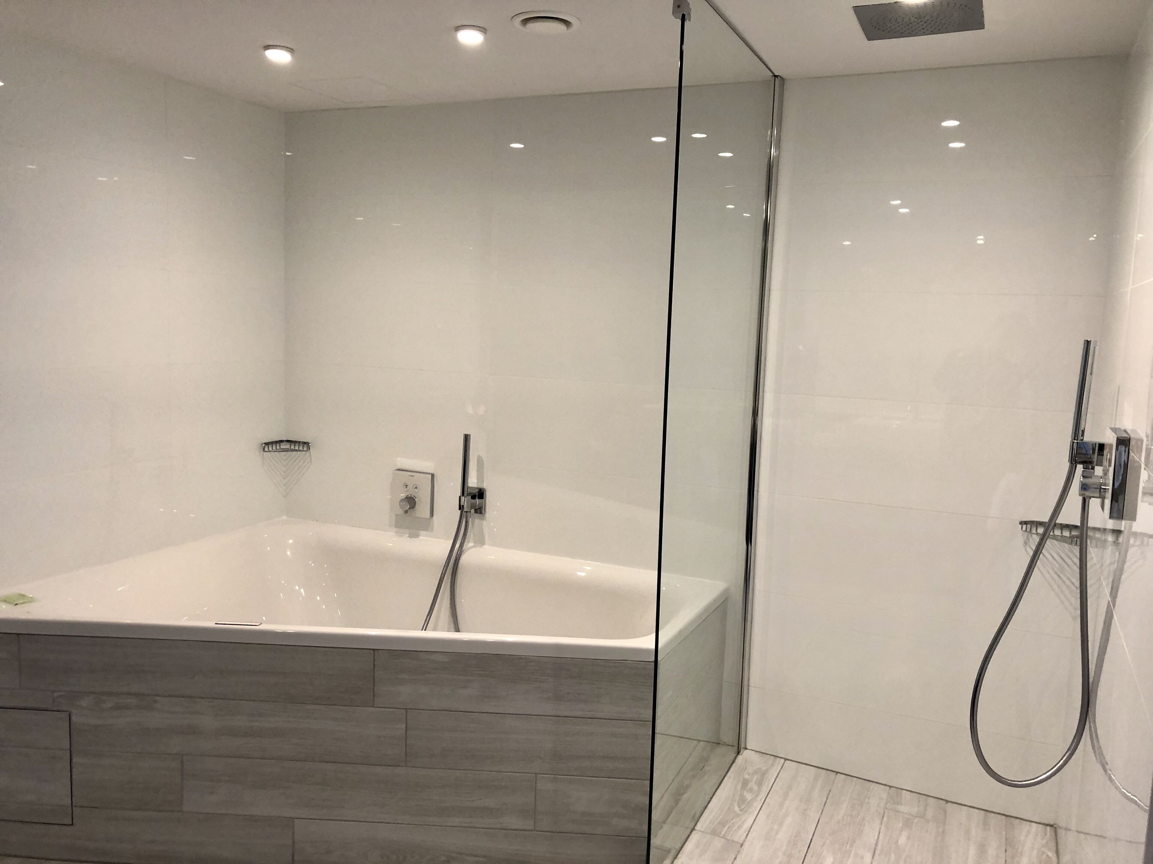A modern bathroom with a glass-enclosed shower, a freestanding bathtub, and a wooden floor.