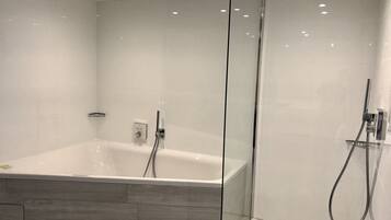 A modern bathroom with a glass-enclosed shower, a freestanding bathtub, and a wooden floor.
