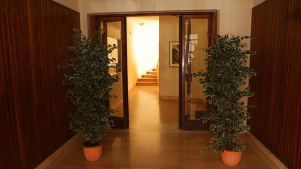 Un pasillo con paneles de madera y dos plantas en macetas a cada lado.