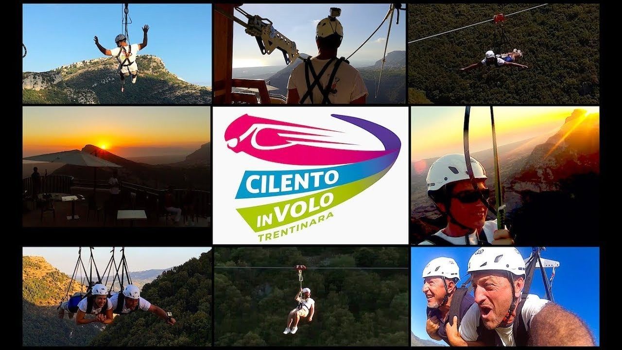 A series of bungee jumping photos with a logo for 'CILENTO IN VOLO TRENTINARA'.