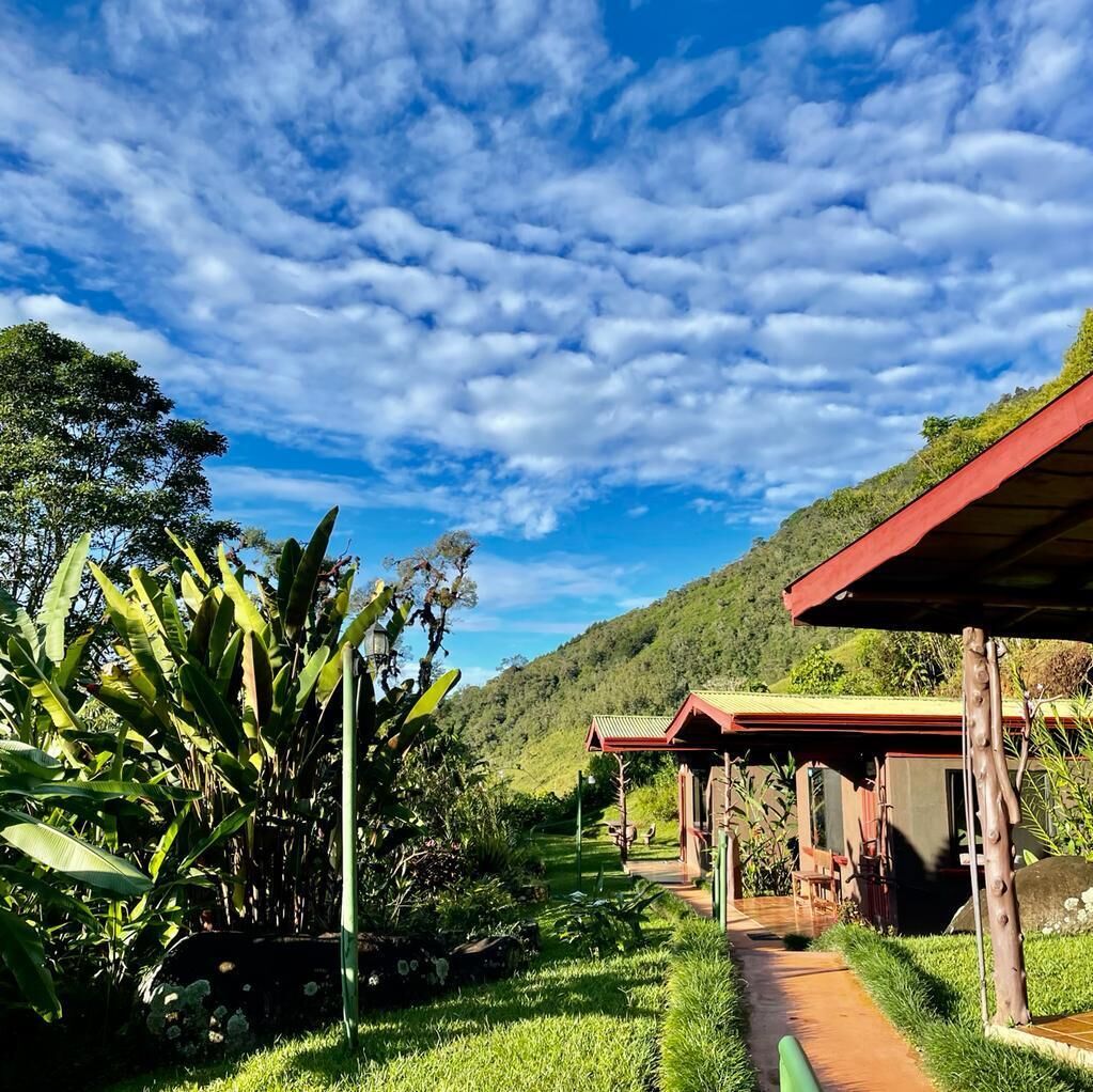 A pathway leading to a series of wooden structures with red roofs, surrounded by lush greenery and a mountainous backdrop.