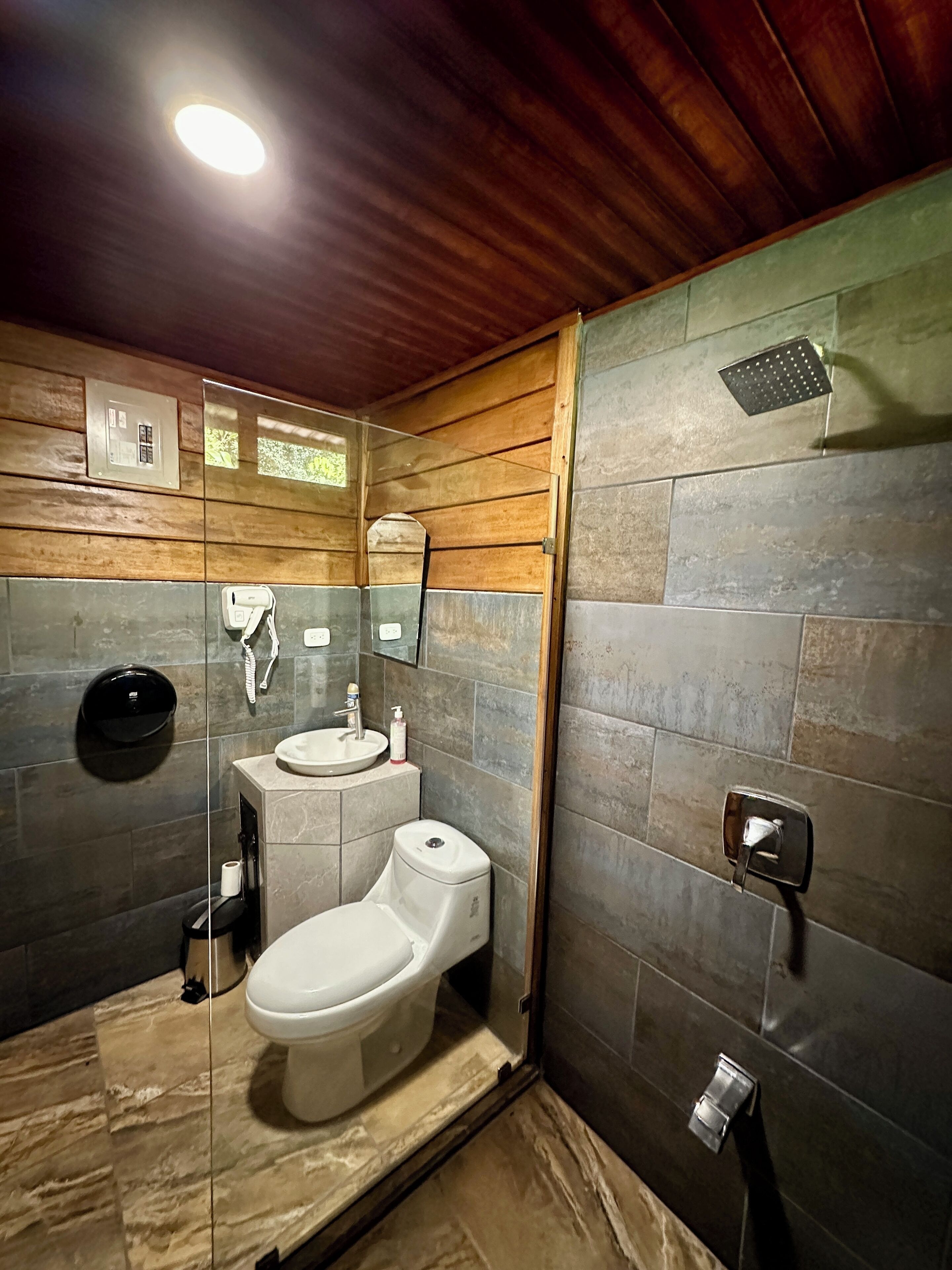 luxury studio, mountain view, mountainside | bathroom | shower, towels, soap, shampoo