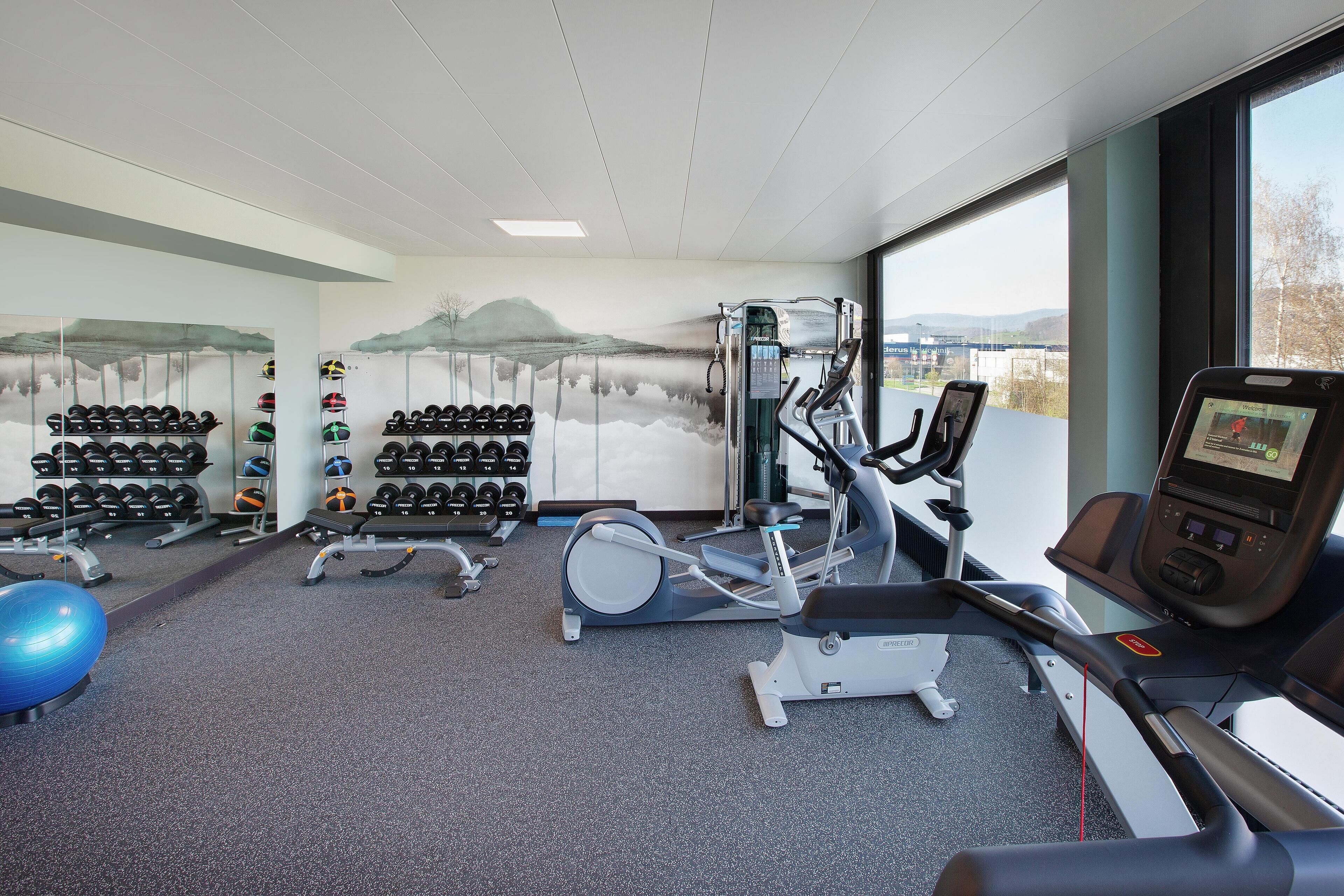 A gym with treadmills, stationary bikes, and weight machines.
