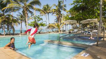 2 outdoor pools, open 9:00 AM to 9:00 PM, pool umbrellas, pool loungers