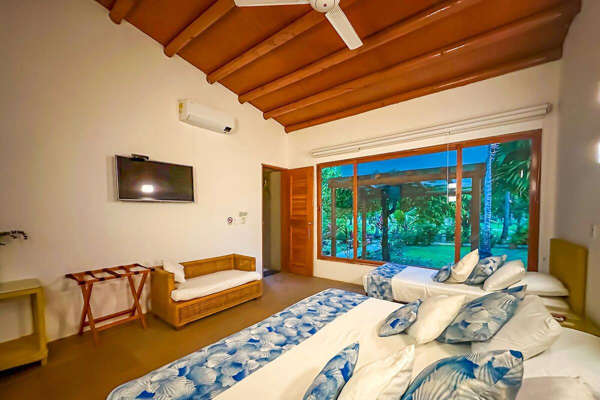 A bedroom with a large bed, a TV, a ceiling fan, and a view of a garden through a sliding door.