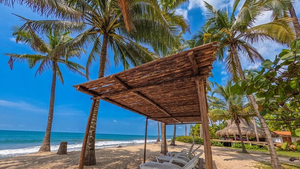 Una playa con sillas de madera para tomar el sol y una estructura de techo de paja.