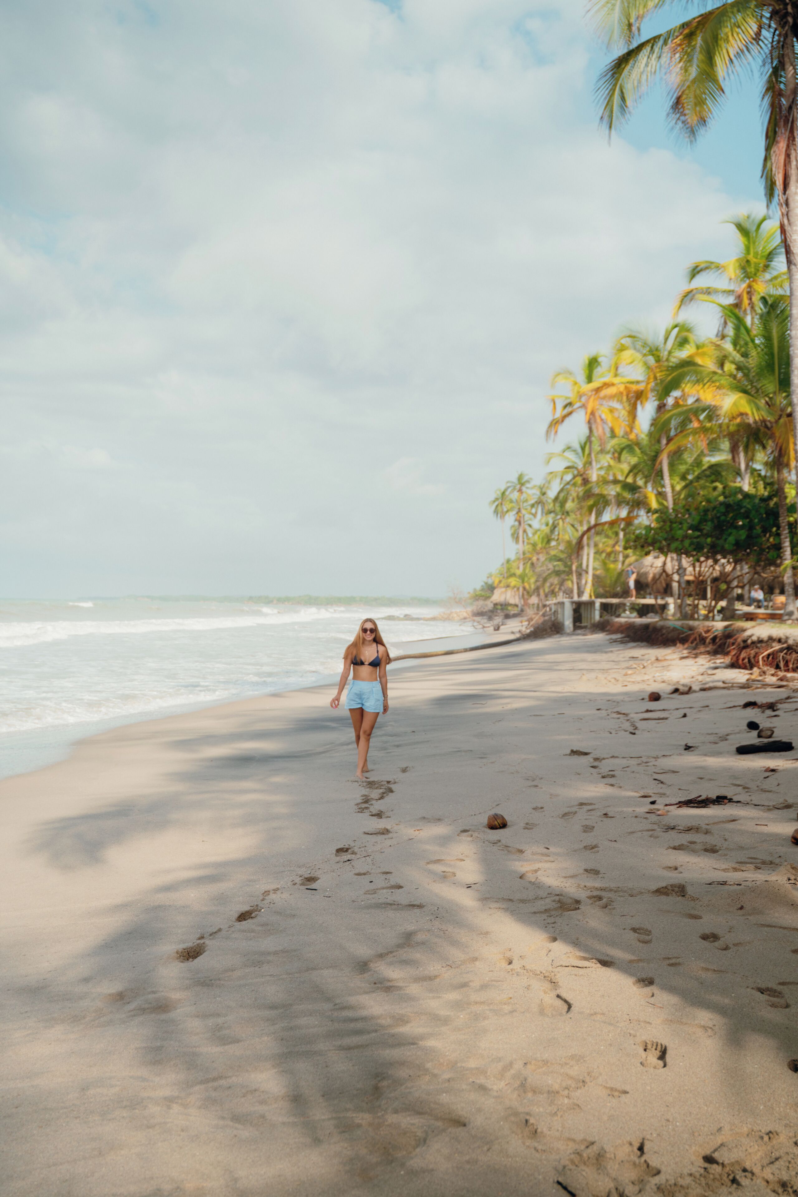 A beach with footprints, palm trees, and a person walking.