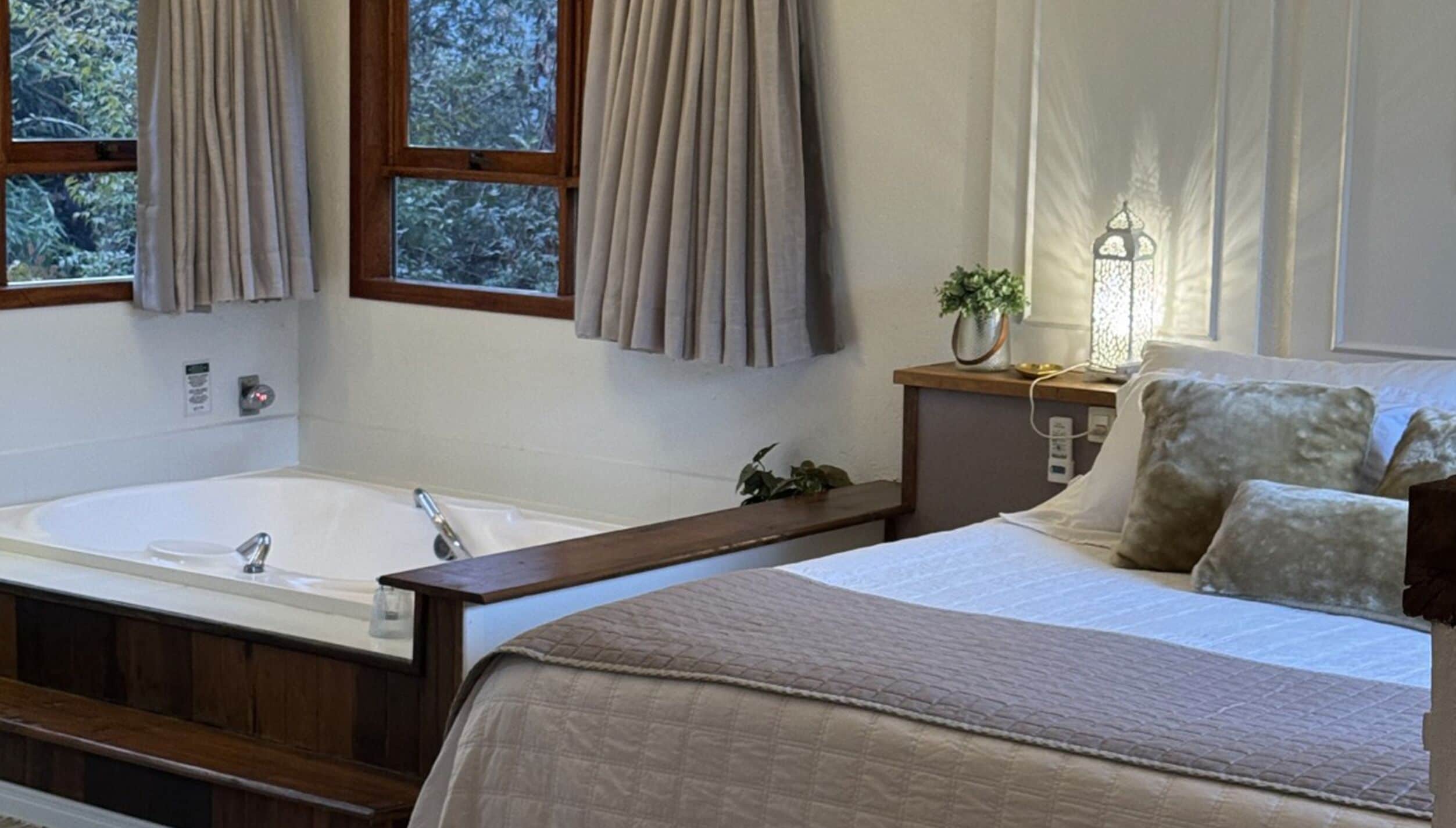 A bedroom with a large bathtub, a wooden bedside table with a plant, and a bed with pillows.