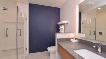 A modern bathroom with a glass shower enclosure, a white toilet, and a large mirror above a sink with a wooden vanity.
