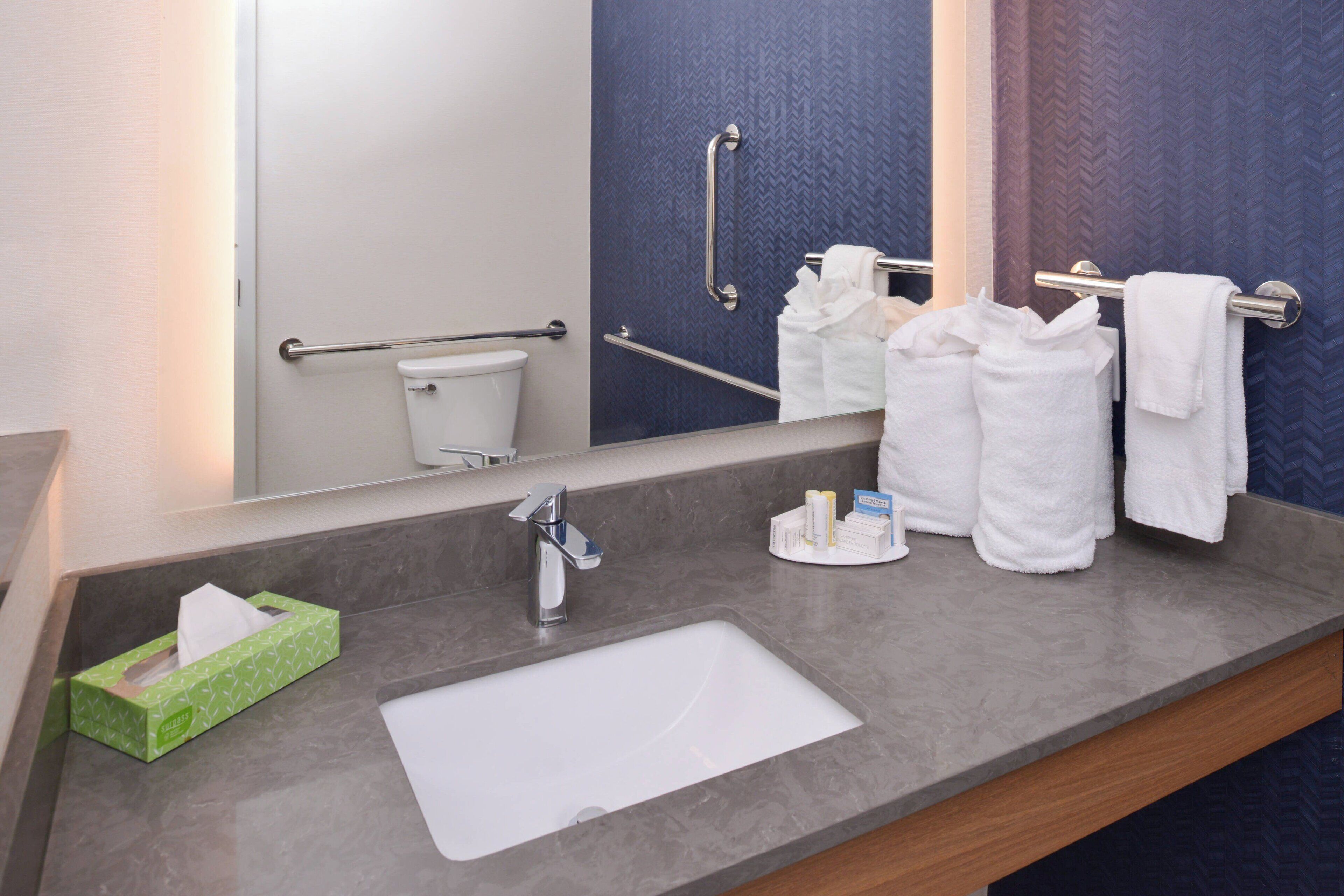 A bathroom with a sink, mirror, towel rack, and handrails.
