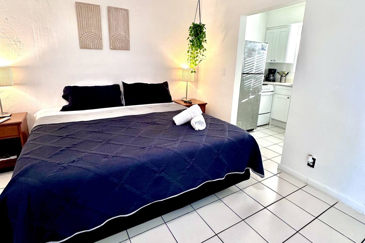 A neatly made bed with a dark blue bedspread and white pillows, a bedside lamp, and a hanging plant.