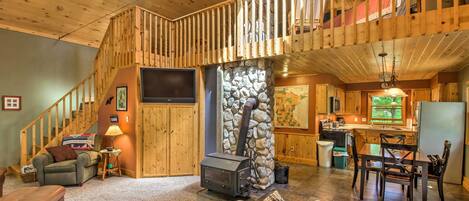 TV, fireplace, DVD player, books