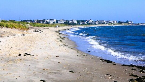 A beach with a sandy shore, waves, and houses in the background. - Cozy Cockle Cove Retreat! (South chatham)