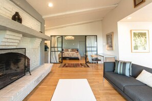 Smart TV, fireplace, books, stereo