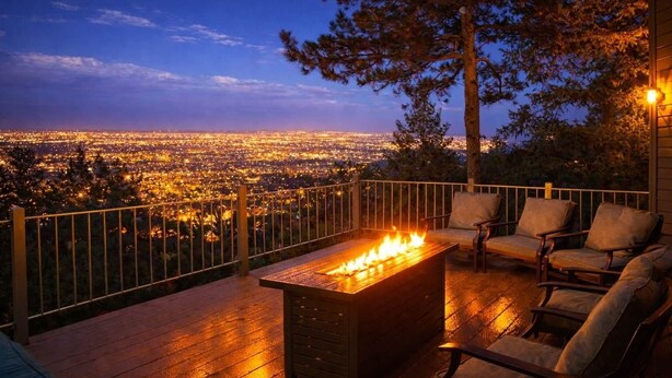 Une terrasse dotée d’un foyer et de sièges d’extérieur, offrant une vue sur le paysage urbain au crépuscule.