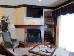 Televisión, chimenea, reproductor de DVD y estéreo 