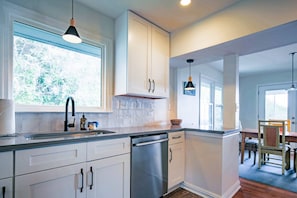 Fridge, microwave, dishwasher, coffee/tea maker