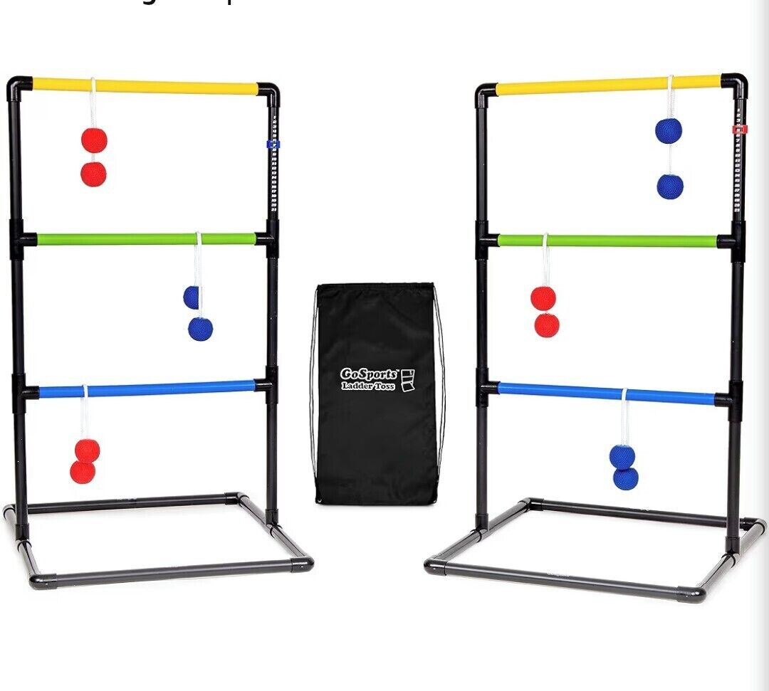 Two ladder toss game setups with black frames, yellow, green, and blue bars, and red and blue balls.