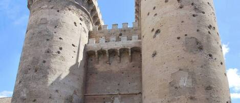 A historic stone castle with two large cylindrical towers, a central gate, and a flag.