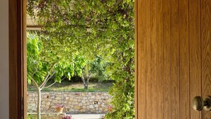Una puerta de madera abierta que da a un muro de piedra y un jardín, con un felpudo.