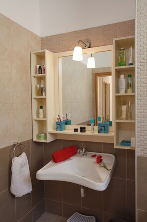Combined shower/bathtub, hair dryer