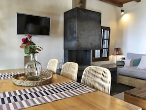 TV, fireplace, books, stereo