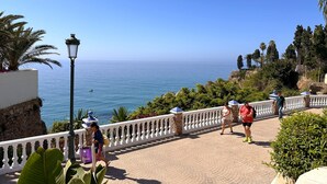 A coastal walkway with a view of the sea, a white balustrade, and greenery.