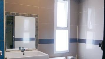 A bathroom with a white sink, a toilet, and a mirror.